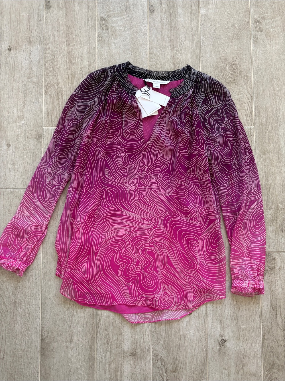Diane Von Furstenberg Fuchsia Swirl Print Sheer Long-Sleeve Blouse